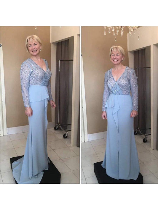 Sheath V-neck Long Sleeves With Beading Sweep/Brush Train Chiffon Mother of the Bride Dress