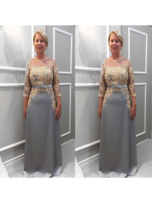 Sheath Sheer Neck 3/4 Sleeves With Applique Floor-Length Satin Mother of the Bride Dress