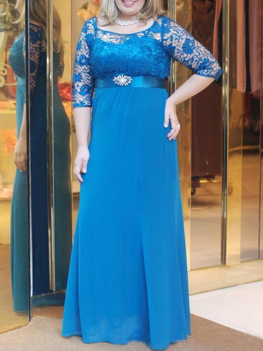A-Line Bateau 1/2 Sleeves With Sash/Ribbon/Belt Floor-Length Chiffon Mother of the Bride Dress