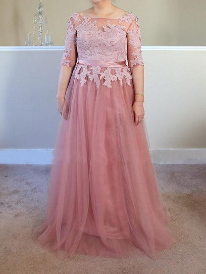 A-Line Bateau 1/2 Sleeves With Applique Floor-Length Tulle Mother of the Bride Dress