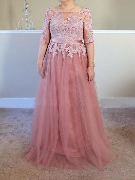 A-Line Bateau 1/2 Sleeves With Applique Floor-Length Tulle Mother of the Bride Dress