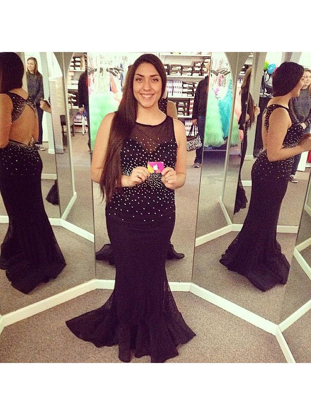 Mermaid Sheer Neck Sleeveless With Beading Sweep/Brush Train Chiffon Plus Size Prom Dress