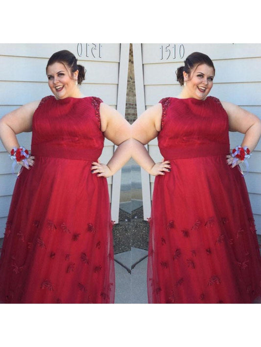 A-Line Scoop Sleeveless With Applique Floor-Length Tulle Plus Size Prom Dress
