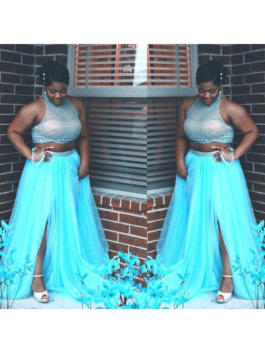 A-Line High Neck Sleeveless With Beading Sweep/Brush Train Tulle Plus Size Prom Dress