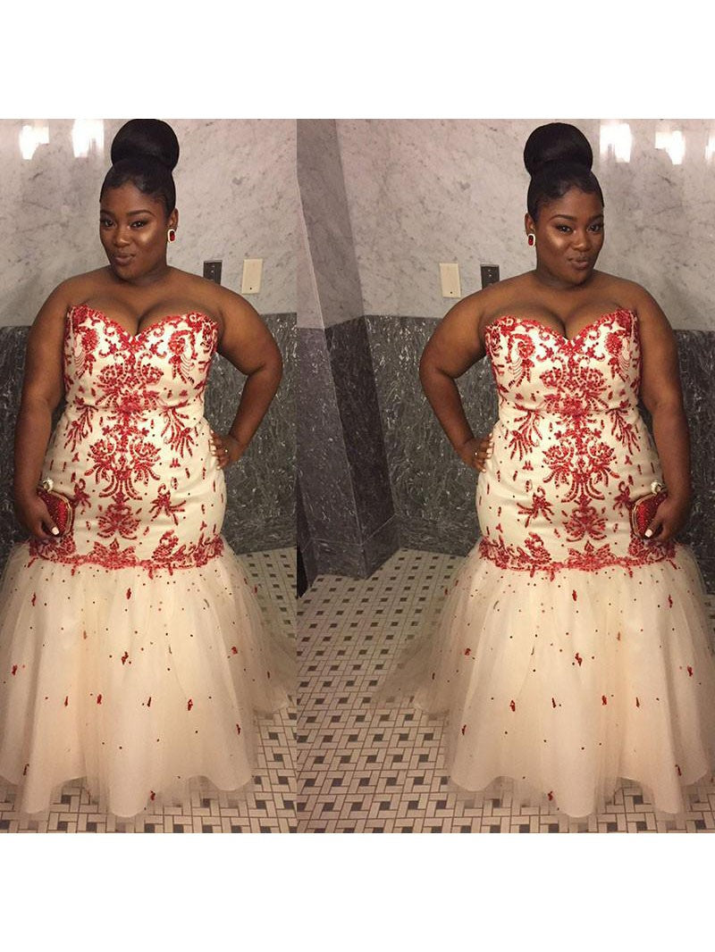 Mermaid Sweetheart Sleeveless With Applique Floor-Length Tulle Plus Size Prom Dress