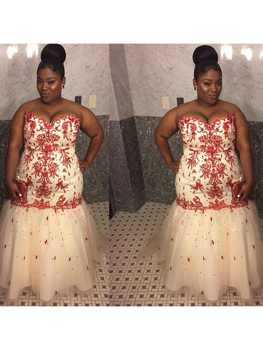 Mermaid Sweetheart Sleeveless With Applique Floor-Length Tulle Plus Size Prom Dress