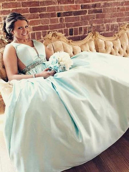 A-Line Straps Sleeveless With Beading Sweep/Brush Train Satin Plus Size Prom Dress