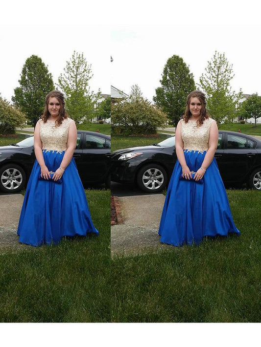 A-Line Scoop Sleeveless With Applique Sweep/Brush Train Satin Plus Size Prom Dress