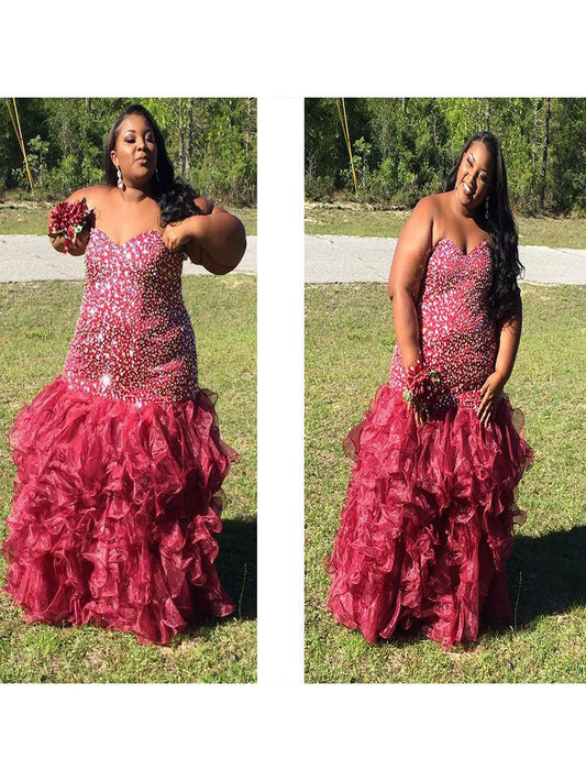 Mermaid Sweetheart Sleeveless With Beading Floor-Length Organza Plus Size Prom Dress