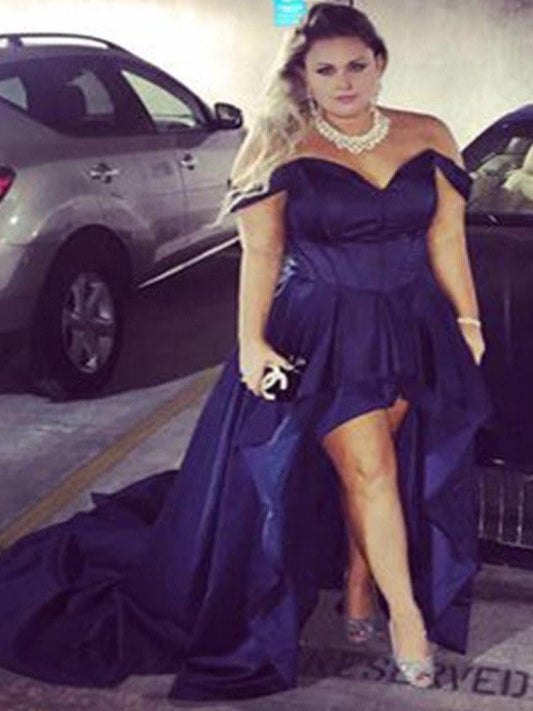 A-Line Off-the-Shoulder Sleeveless With Ruched Asymmetrical Satin Plus Size Prom Dress