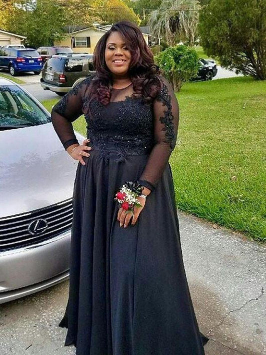 A-Line Sheer Neck Long Sleeves With Applique Floor-Length Chiffon Plus Size Prom Dress