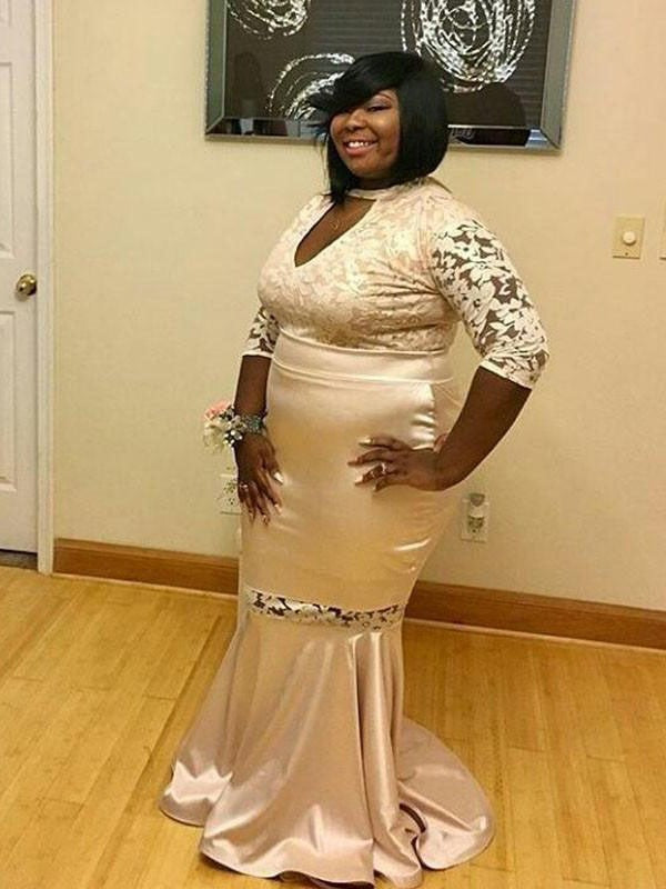 Mermaid V-neck 1/2 Sleeves With Lace Sweep/Brush Train Elastic Woven Satin Plus Size Prom Dress