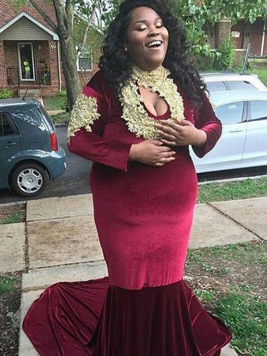 Mermaid High Neck Long Sleeves With Applique Court Train Velvet Plus Size Prom Dress