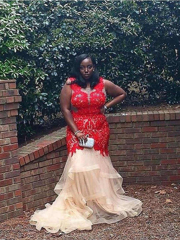 Mermaid Scoop Sleeveless With Applique Court Train Organza Plus Size Prom Dress