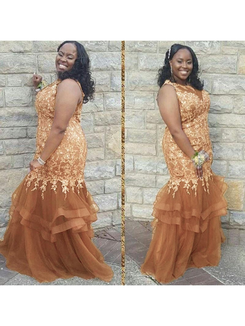 Mermaid Sheer Neck Sleeveless With Applique Floor-Length Tulle Plus Size Prom Dress