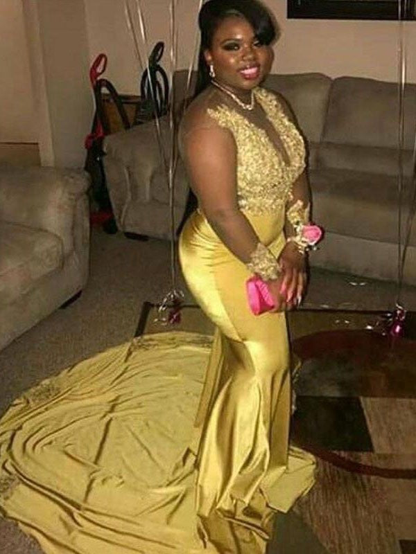 Mermaid V-neck Sleeveless With Applique Court Train Elastic Woven Satin Plus Size Prom Dress