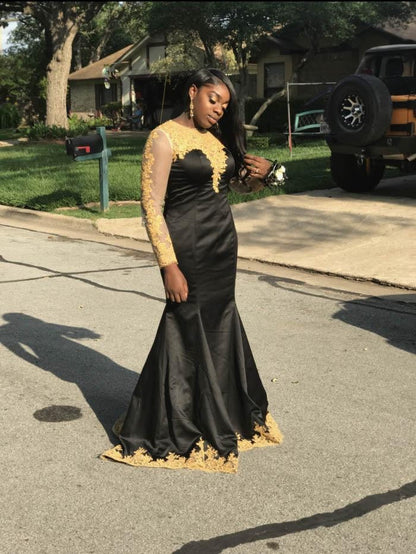 Mermaid Scoop Long Sleeves With Applique Floor-Length Satin Plus Size Prom Dress