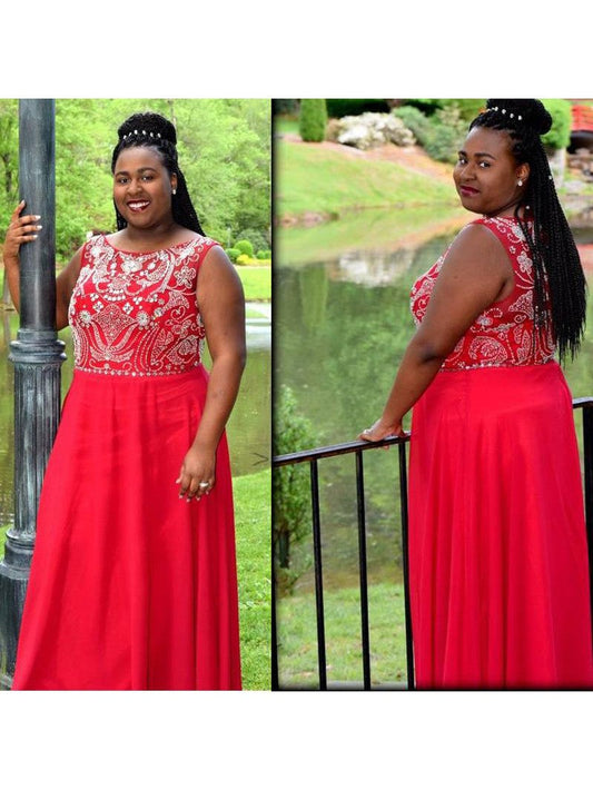 A-Line Scoop Sleeveless With Beading Floor-Length Chiffon Plus Size Prom Dress