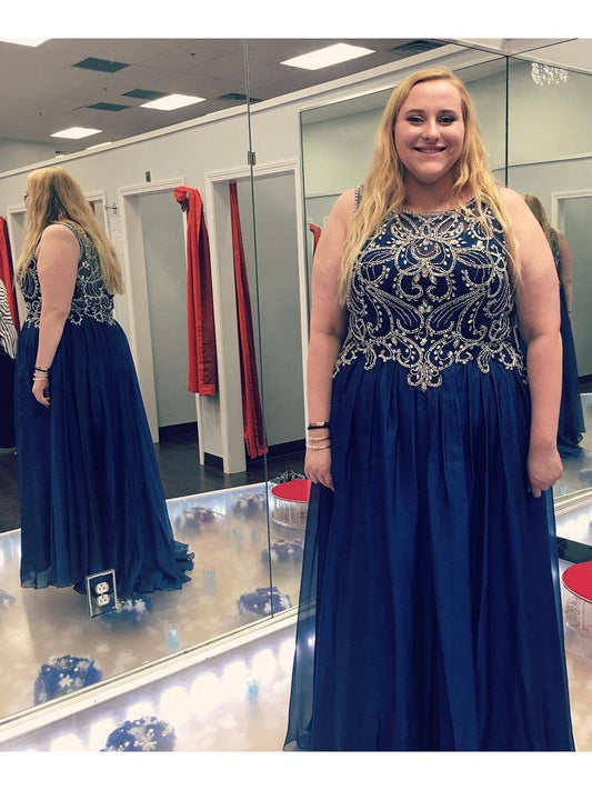 A-Line Scoop Sleeveless With Beading Sweep/Brush Train Chiffon Plus Size Prom Dress