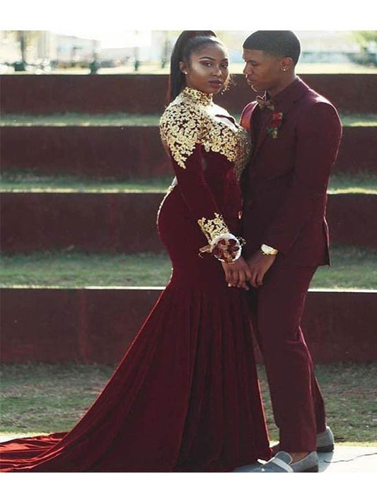 Mermaid High Neck Long Sleeves With Applique Court Train Velvet Plus Size Prom Dress