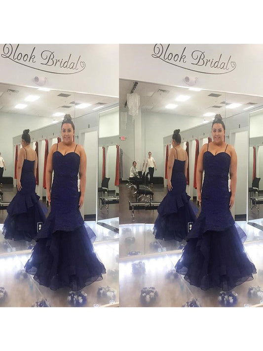 Mermaid Spaghetti Straps Sleeveless With Ruched Floor-Length Tulle Plus Size Prom Dress