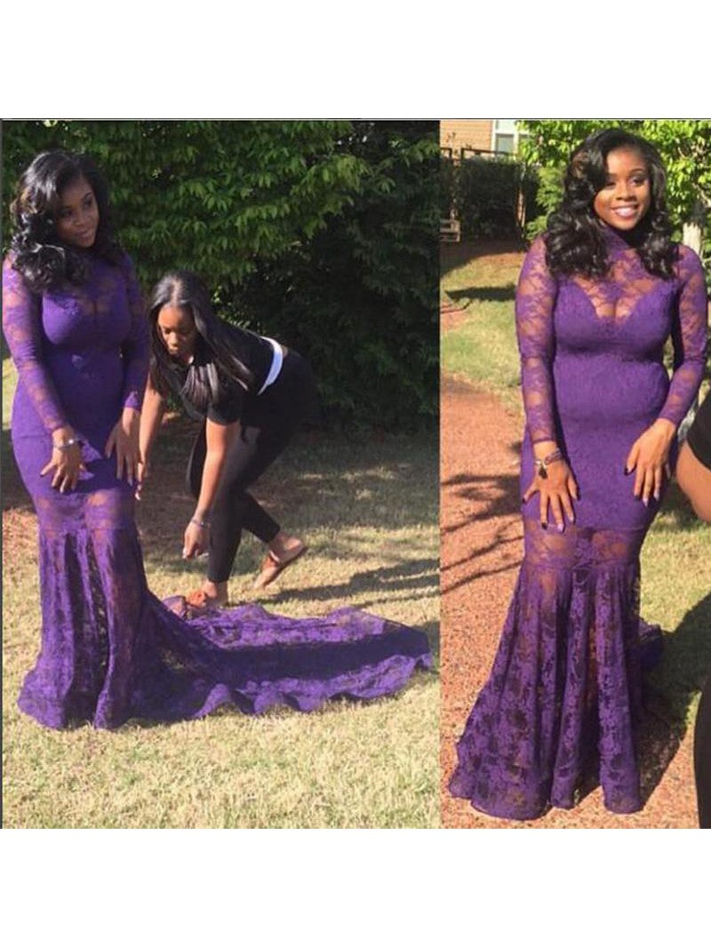 Mermaid Sheer Neck Long Sleeves With Lace Court Train Lace Plus Size Prom Dress