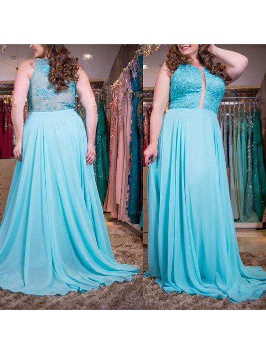 A-Line Scoop Sleeveless With Applique Sweep/Brush Train Chiffon Plus Size Prom Dress