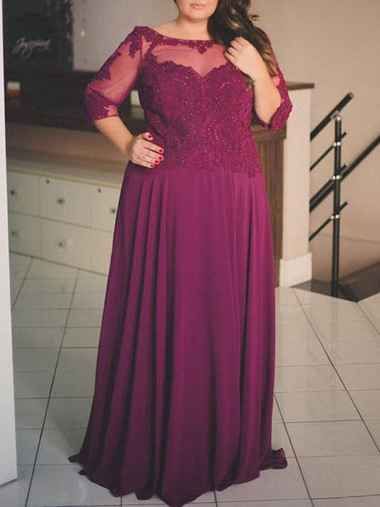 A-Line Bateau 1/2 Sleeves With Applique Floor-Length Chiffon Plus Size Mother of the Bride Dress