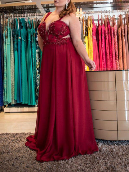 A-Line Straps Sleeveless With Beading Sweep/Brush Train Chiffon Plus Size Prom Dress