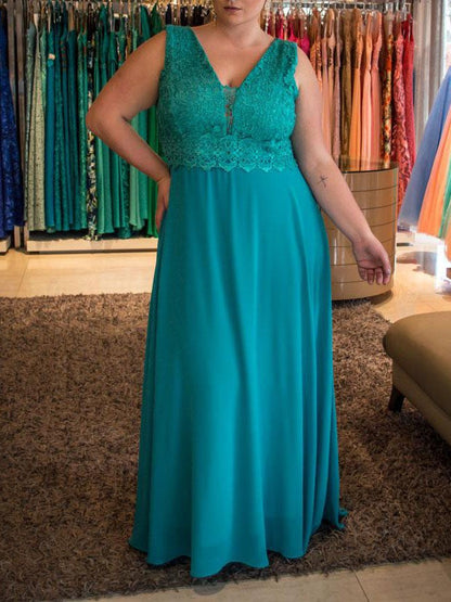 A-Line V-neck Sleeveless With Applique Floor-Length Chiffon Plus Size Prom Dress