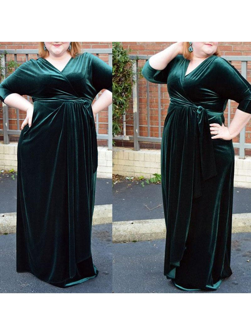 Sheath V-neck 1/2 Sleeves With Ruched Floor-Length Velvet Plus Size Prom Dress