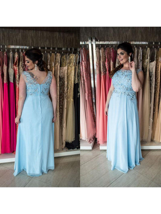 A-Line Bateau Sleeveless With Beading Floor-Length Chiffon Plus Size Prom Dress