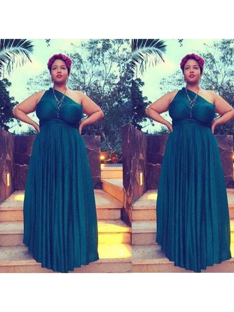 A-Line One-Shoulder Sleeveless With Ruched Floor-Length Chiffon Plus Size Prom Dress