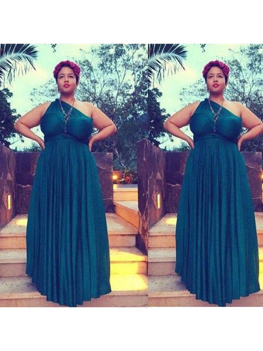 A-Line One-Shoulder Sleeveless With Ruched Floor-Length Chiffon Plus Size Prom Dress