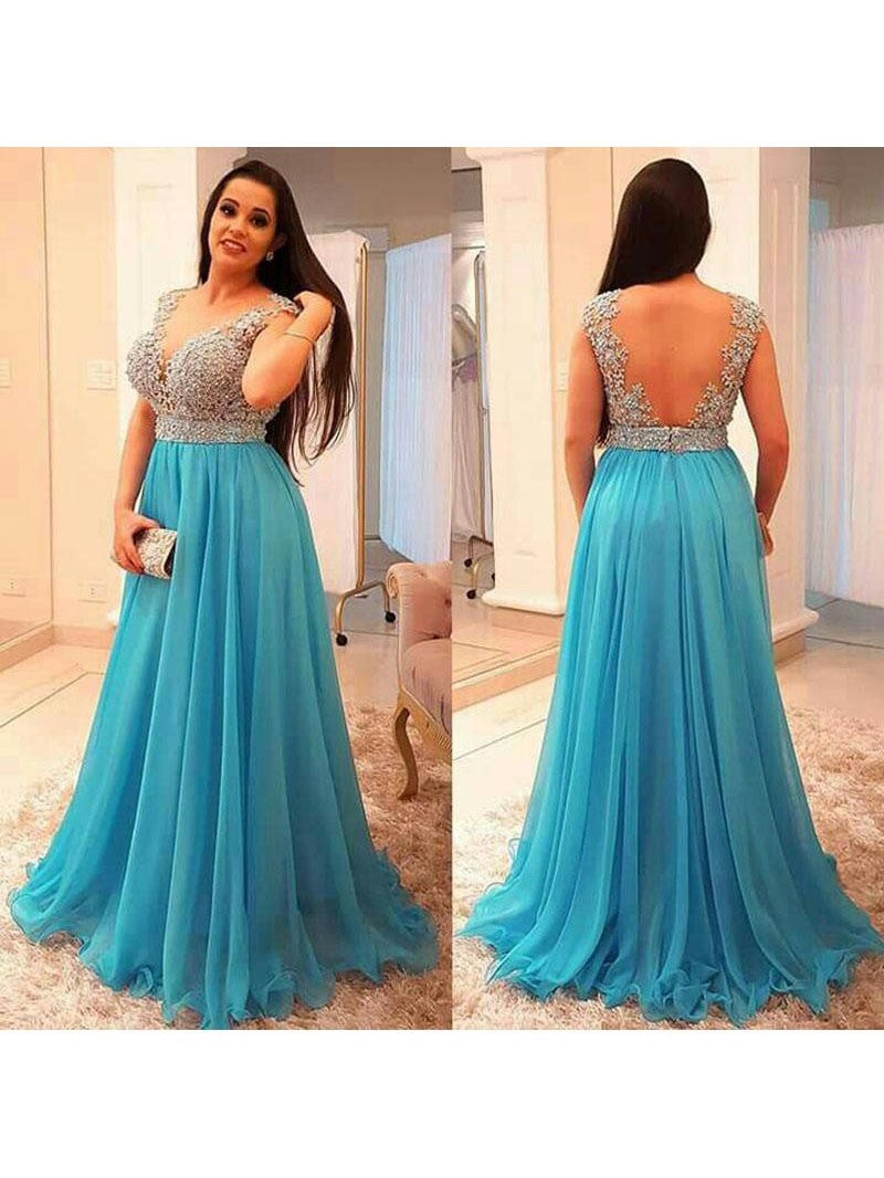 A-Line V-neck Sleeveless With Beading Floor-Length Chiffon Plus Size Prom Dress