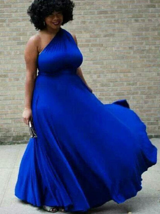 A-Line One-Shoulder Sleeveless With Sash/Ribbon/Belt Floor-Length Jersey Plus Size Prom Dress