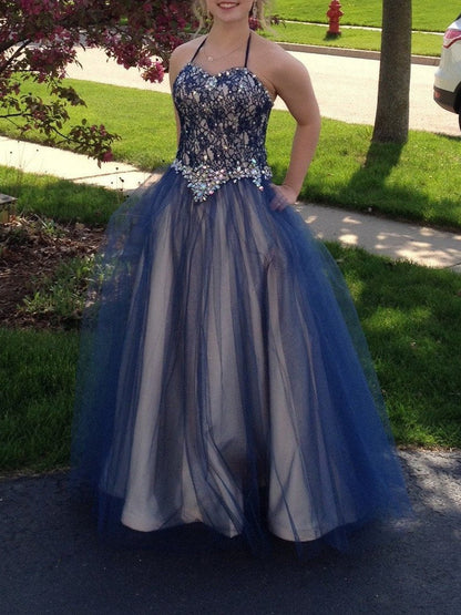 Ball Gown Halter Sleeveless With Beading Floor-Length Tulle Plus Size Prom Dress