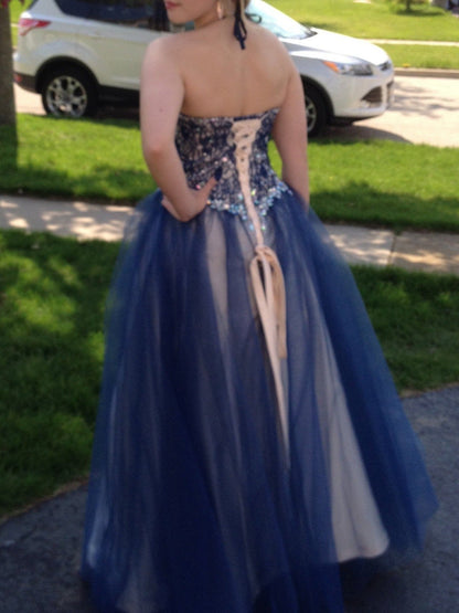 Ball Gown Halter Sleeveless With Beading Floor-Length Tulle Plus Size Prom Dress