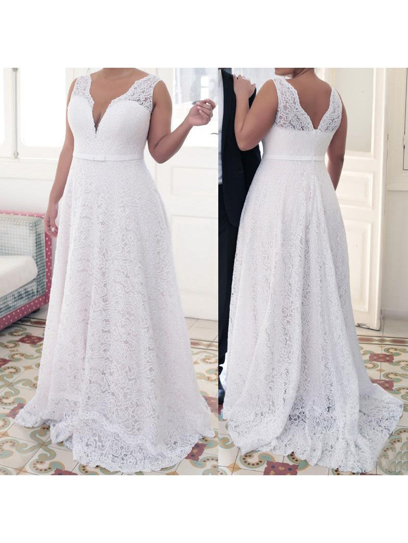 A-Line V-neck Sleeveless Lace Sweep/Brush Train Lace Plus Size Prom Dress