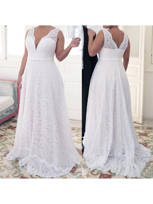 A-Line V-neck Sleeveless Lace Sweep/Brush Train Lace Plus Size Prom Dress