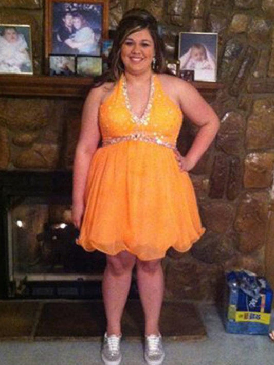 A-Line Halter Sleeveless With Beading Short/Mini Organza Plus Size Prom Dress