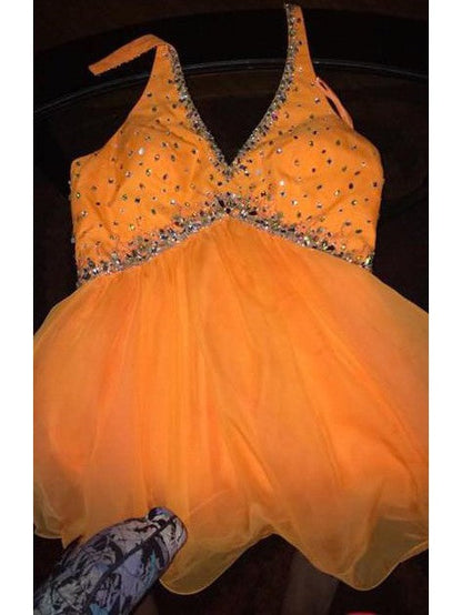 A-Line Halter Sleeveless With Beading Short/Mini Organza Plus Size Prom Dress