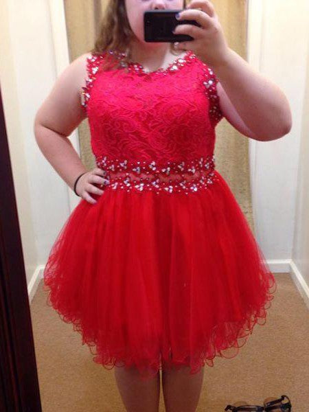 A-Line Scoop Sleeveless With Beading Short/Mini Organza Plus Size Prom Dress