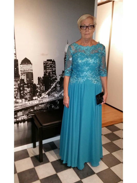 A-Line Sheer Neck 1/2 Sleeves With Applique Floor-Length Chiffon Mother of the Bride Dress