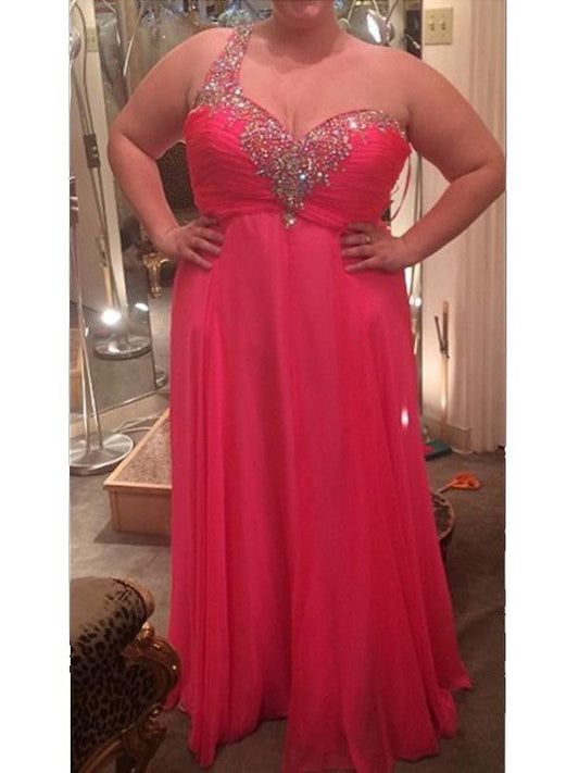A-Line One-Shoulder Sleeveless With Beading Floor-Length Chiffon Plus Size Prom Dress
