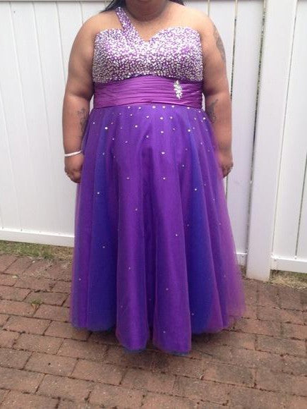 A-Line One-Shoulder Sleeveless With Beading Floor-Length Tulle Plus Size Prom Dress