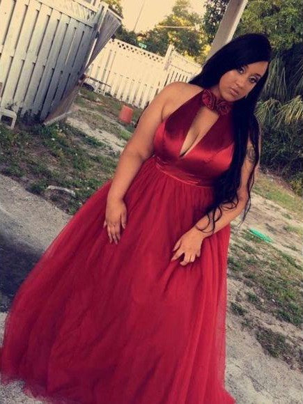 A-Line Halter Sleeveless With Ruched Court Train Tulle Plus Size Prom Dress