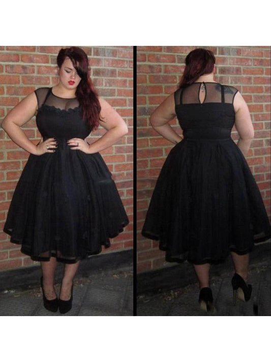 A-Line Scoop Sleeveless With Applique Ankle-Length Tulle Plus Size Prom Dress