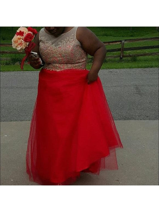 A-Line Scoop Sleeveless With Beading Floor-Length Tulle Plus Size Prom Dress