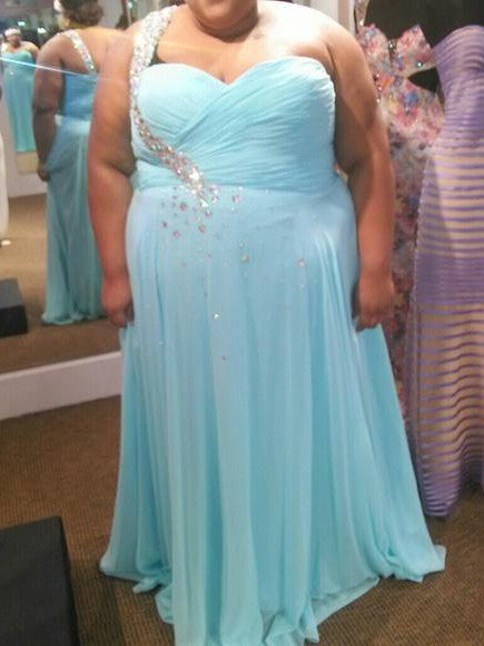 A-Line One-Shoulder Sleeveless With Beading Floor-Length Chiffon Plus Size Prom Dress